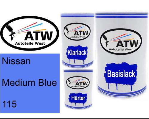 Nissan, Medium Blue, 115: 500ml Lackdose + 500ml Klarlack + 250ml Härter - Set, von ATW Autoteile West.